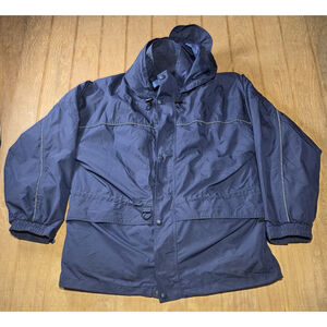 Tri-Mountain Hooded Jacket Mens Medium Navy Blue Full Zip Windbreaker Rain Coat